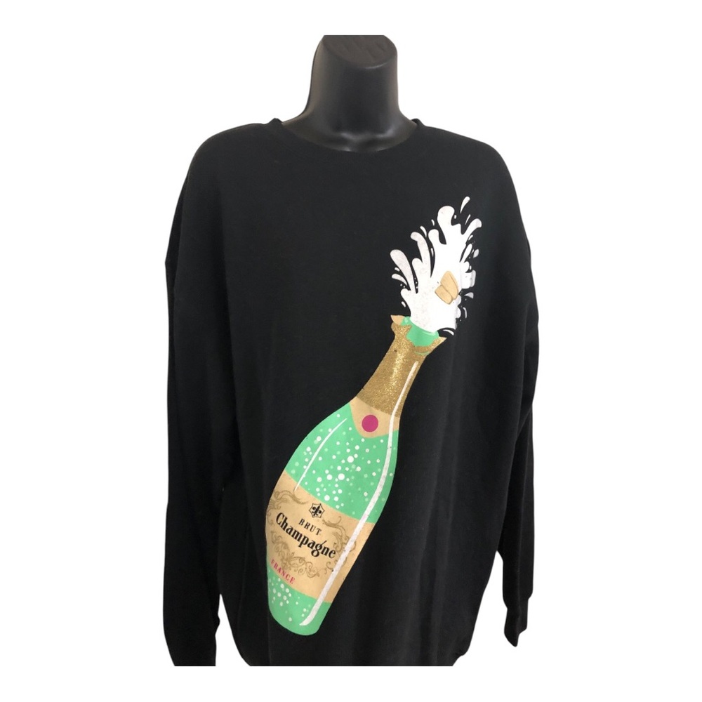 Black popping bubbly Brut Champagne bottle graphic print sweatshirt size large